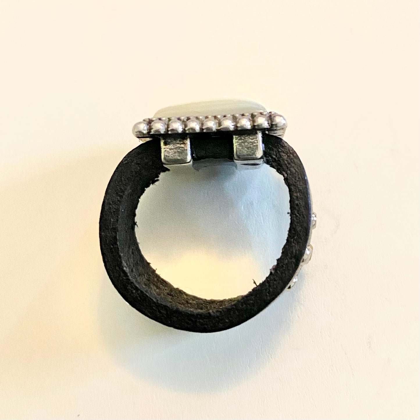 80's Mother of Pearl Square Signet Ring with Studded Leather Band (4.5)