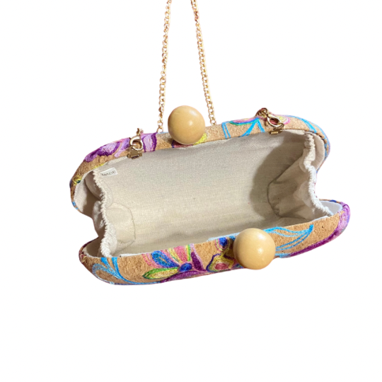 Floral Embroidered Cork Oval Clutch/ Crossbody Bag with Removable Gold Chain Strap