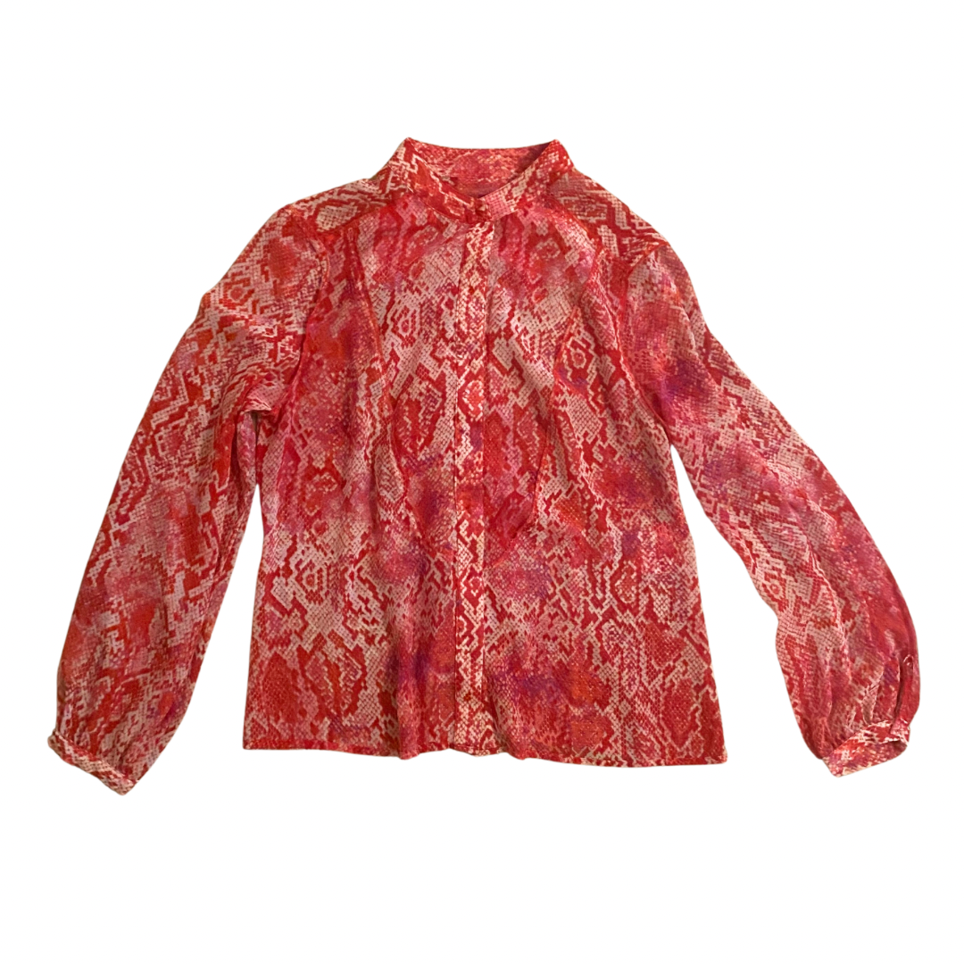 Sheer Pink Snakeskin Pattern Ruffle Button-Down Blouse (8P)