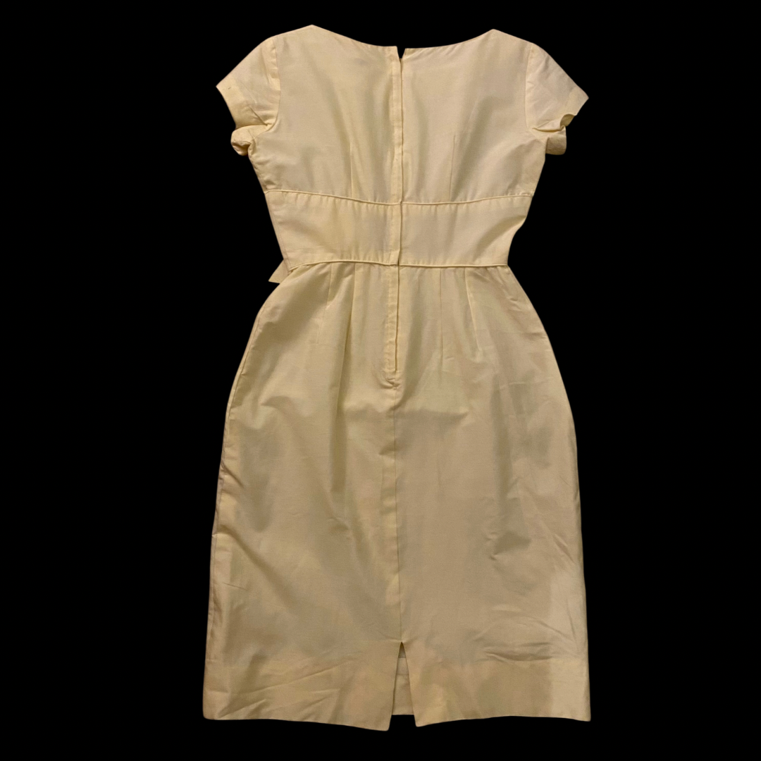 1960’s Pastel Yellow Rose Wiggle Dress (S)