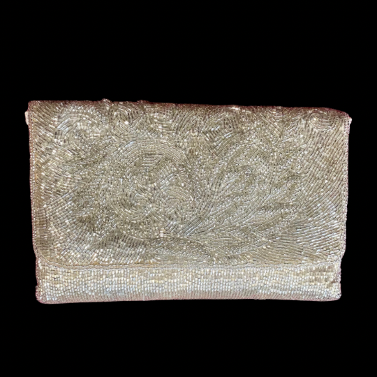 Vintage 60’s/70’s Silver Beaded Ivory Satin Evening Bag with Woven Cotton Shoulder Strap