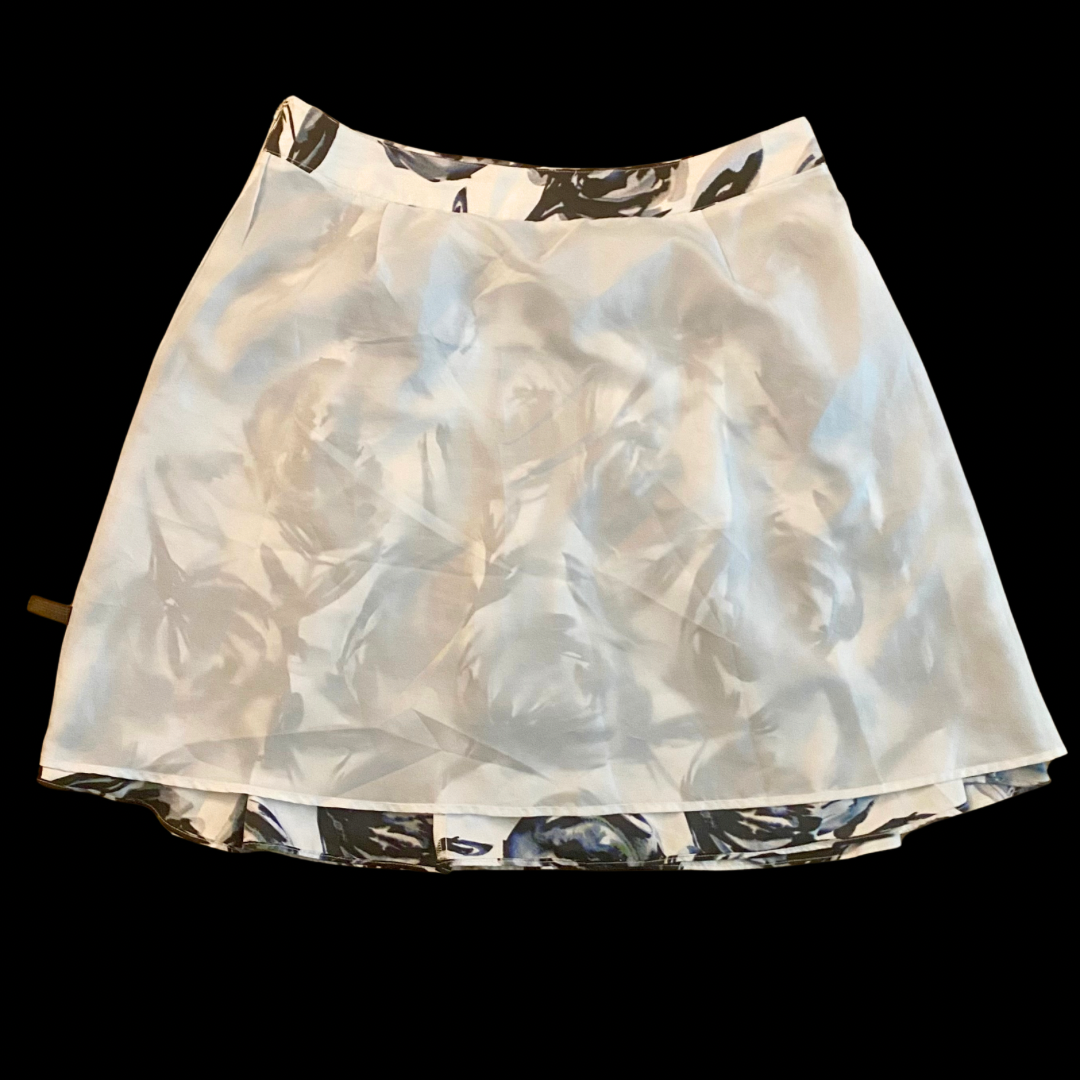 Midnight Blue Watercolor Floral Print Pleated Skirt (L)
