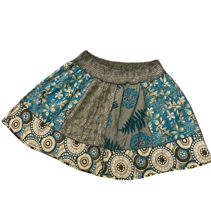 Vintage Blue/Slate Grey/ Yellow Patchwork Cotton Skirt (M-L)
