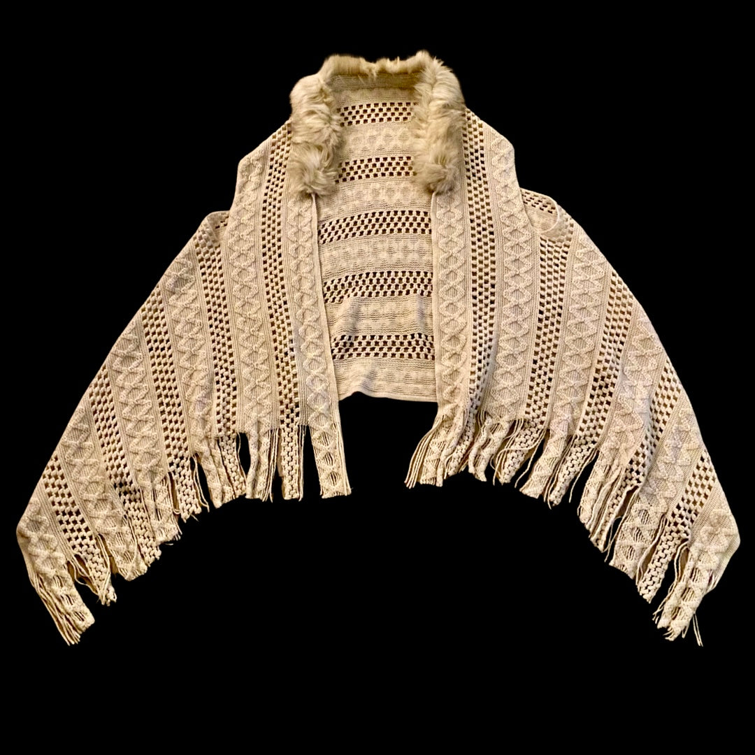 Cream and Tan Sleeveless Waterfall Fringe Hem Cardigan with Faux Fur Collar (S-XXL)