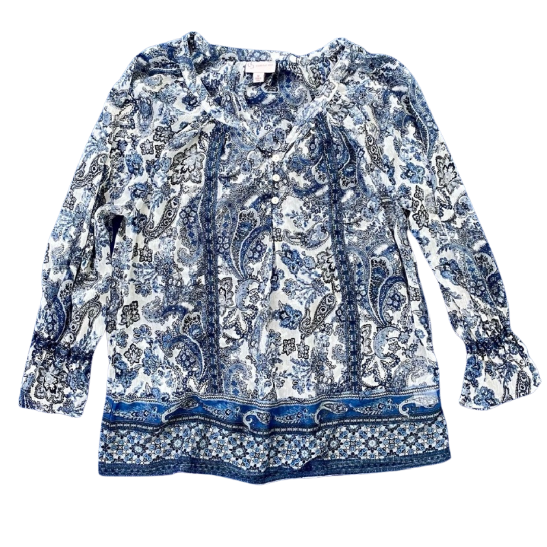 Sheer Blue and White Paisley Print Peasant Blouse (M)