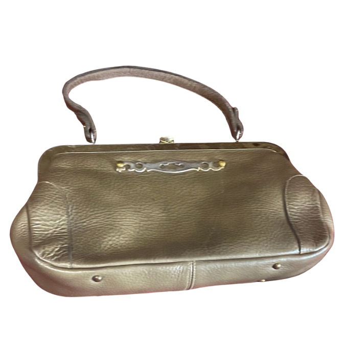 Vintage Taupe Pebble Leather Handbag with Pixelated Floral Lining