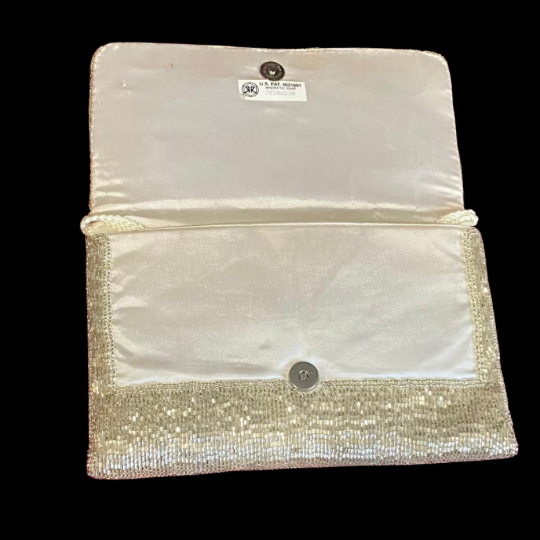 Vintage 60’s/70’s Silver Beaded Ivory Satin Evening Bag with Woven Cotton Shoulder Strap
