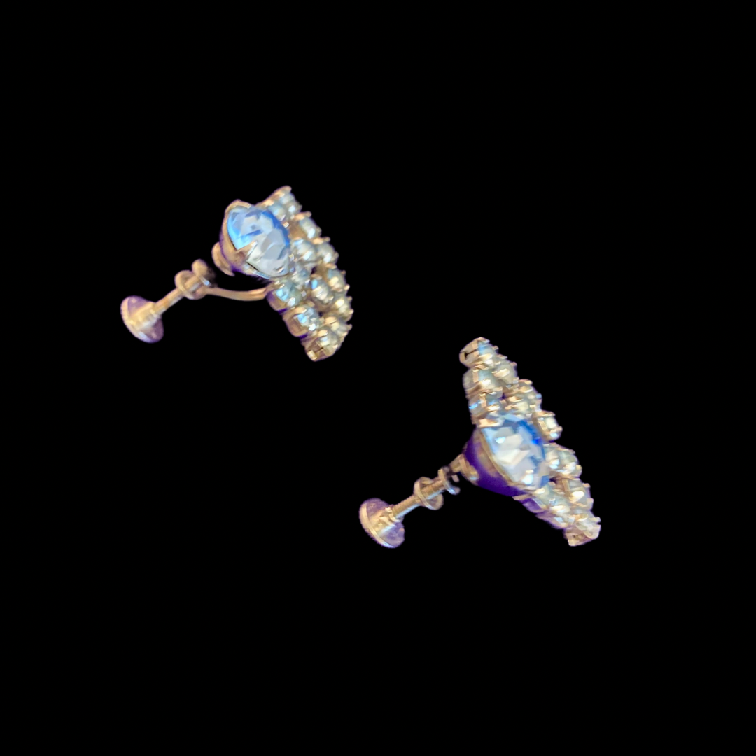 Vintage Silver & Blue Rhinestone Studded Fan Earrings