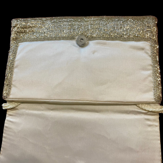 Vintage 60’s/70’s Silver Beaded Ivory Satin Evening Bag with Woven Cotton Shoulder Strap