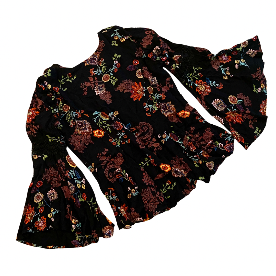 Vintage Black Floral Bell Sleeve Top (M)