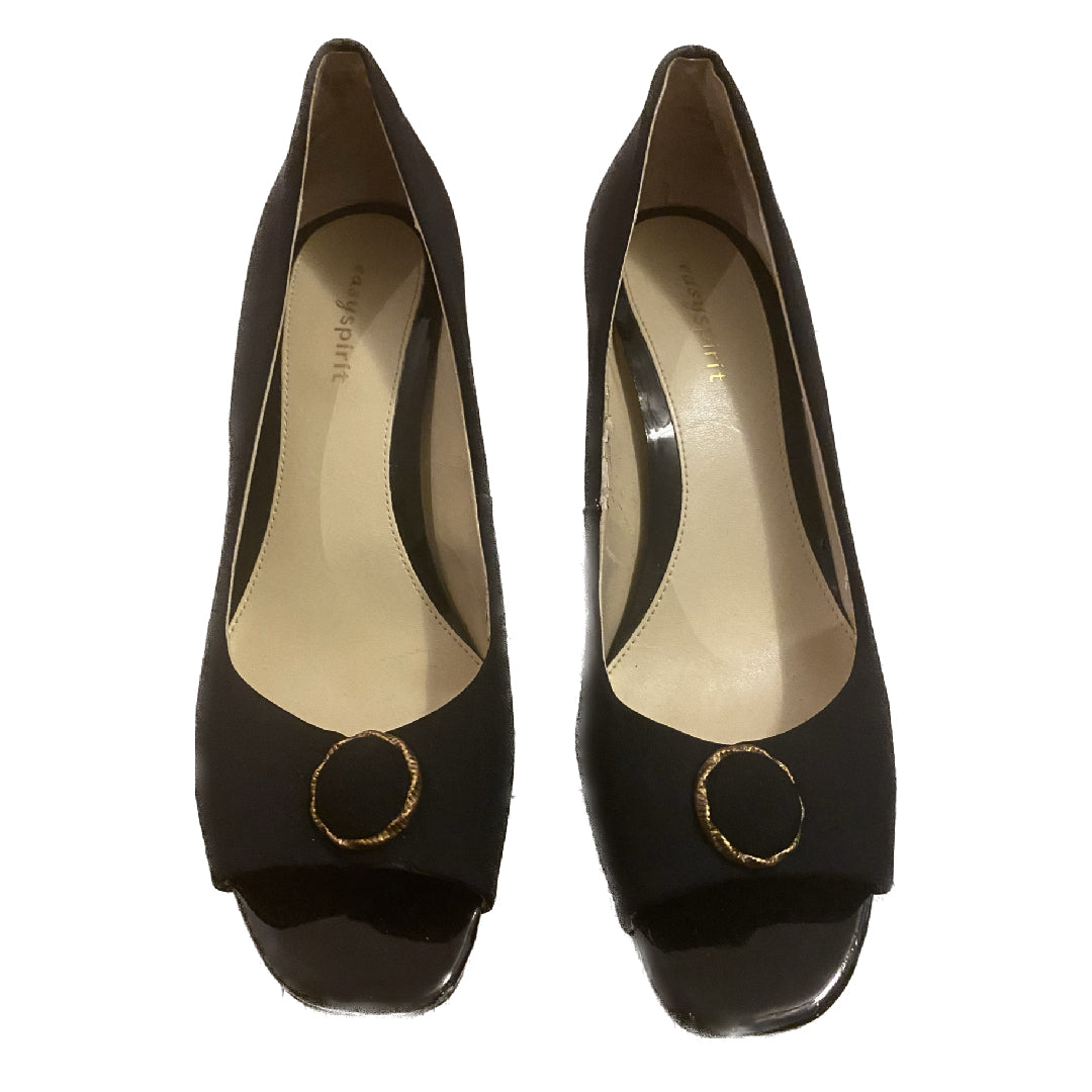 Upcycled Vintage Black/Gold Velvet Button Peep-Toe Kitten Heels (8)