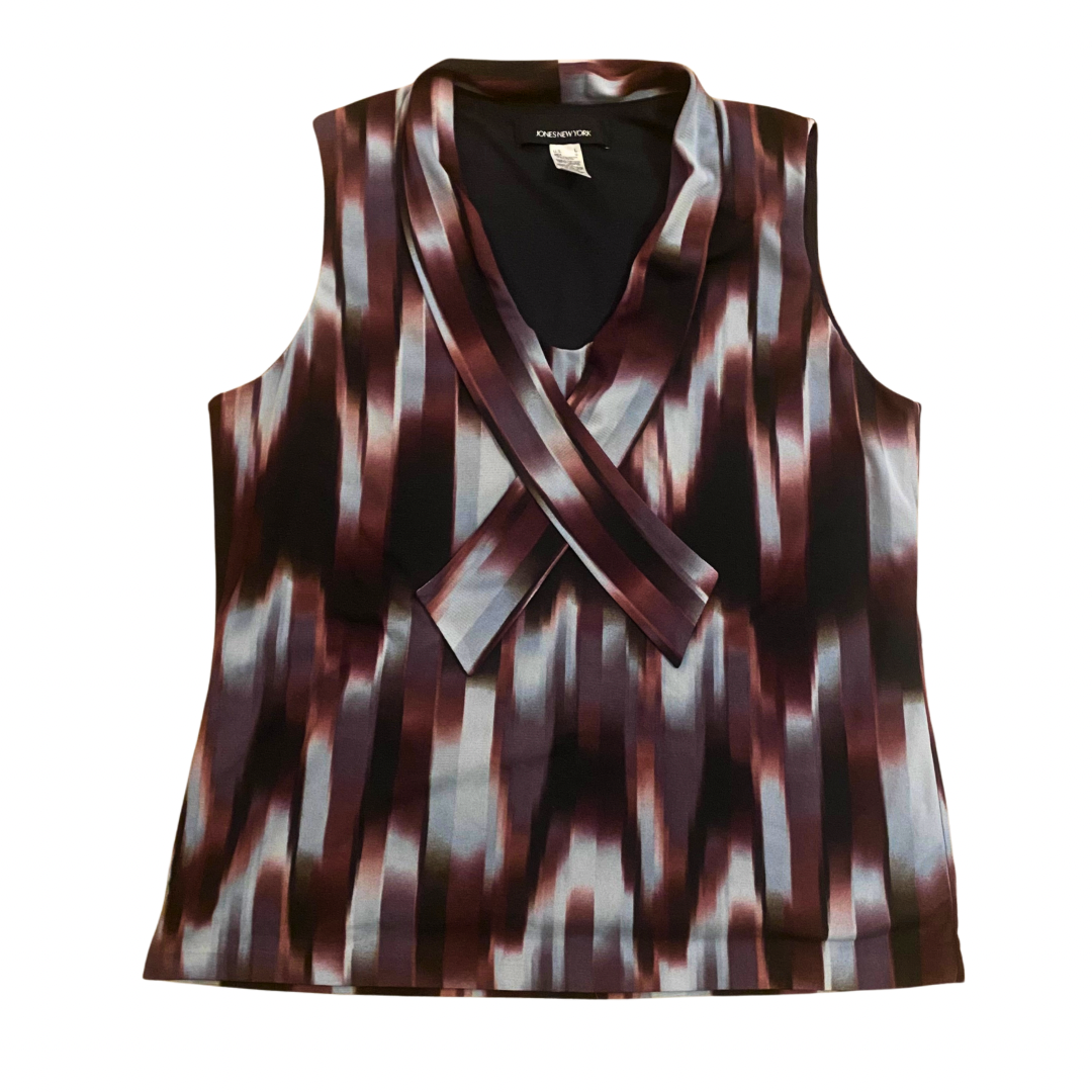 Black, Purple, & Blue Graphic Print Tie-Front Sleeveless Blouse (L)