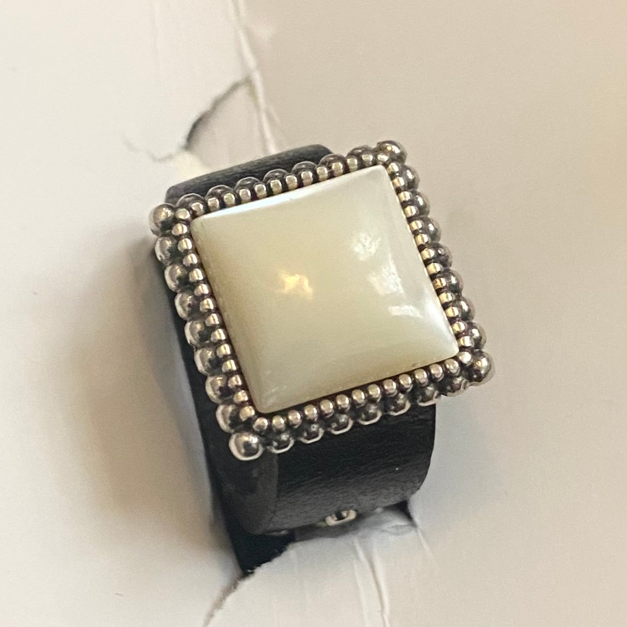 80's Mother of Pearl Square Signet Ring with Studded Leather Band (4.5)