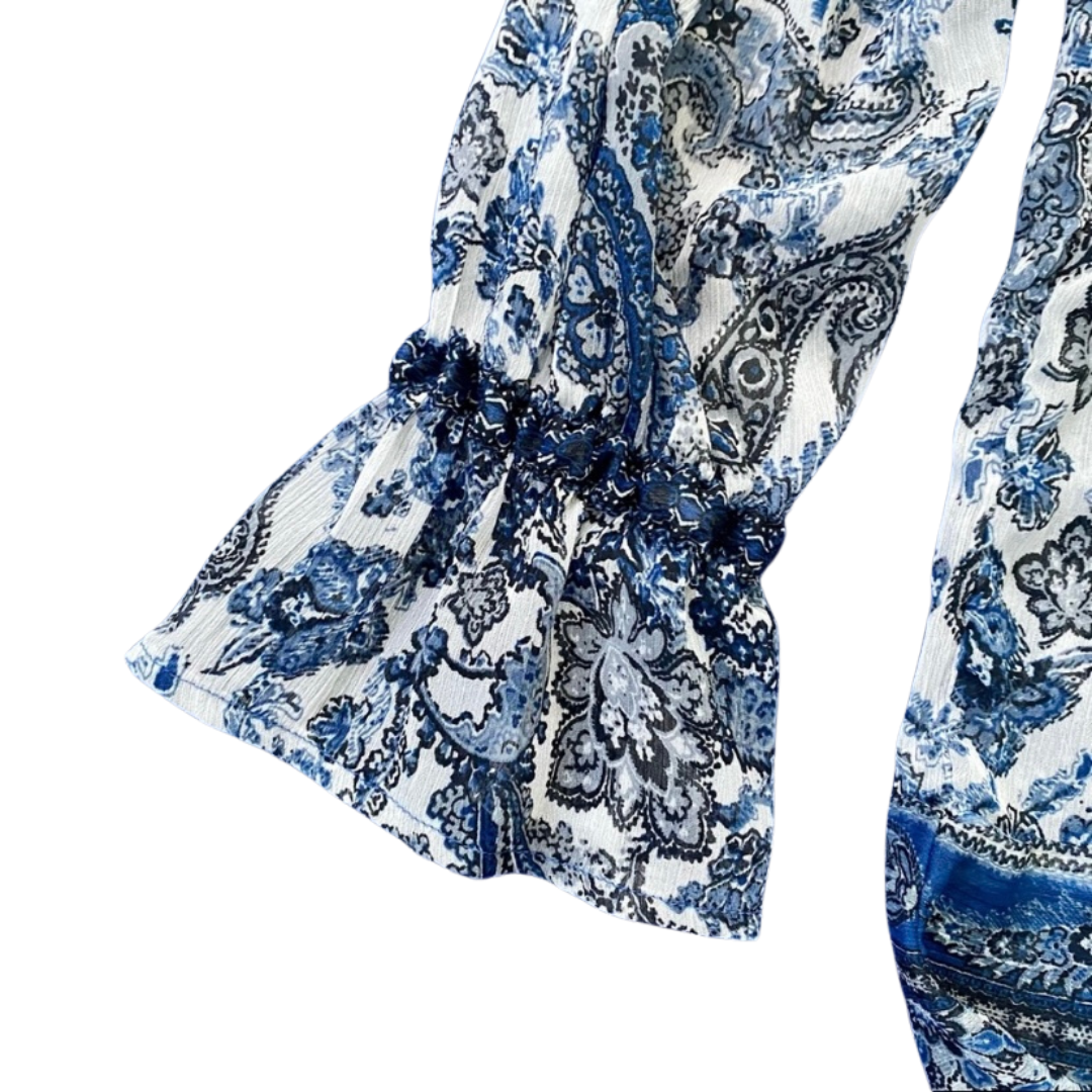 Sheer Blue and White Paisley Print Peasant Blouse (M)