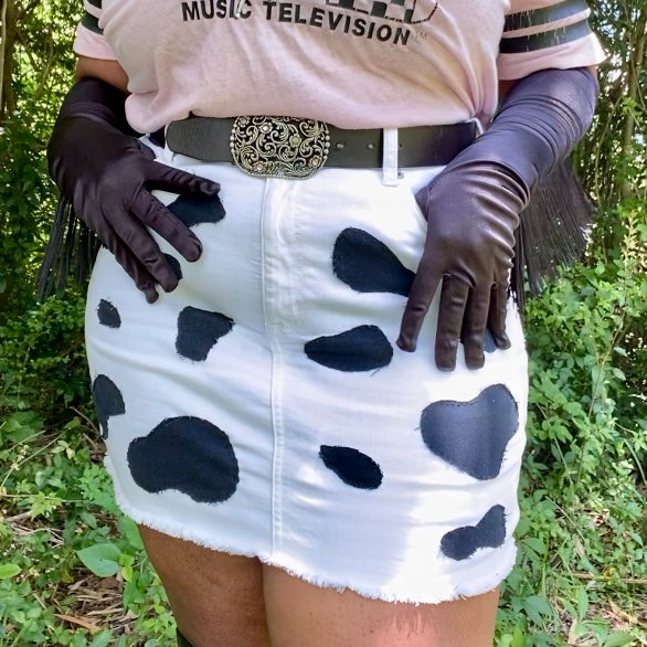 Upcycled White and Navy Blue Cowprint Stretch Denim Mini Skirt (16)