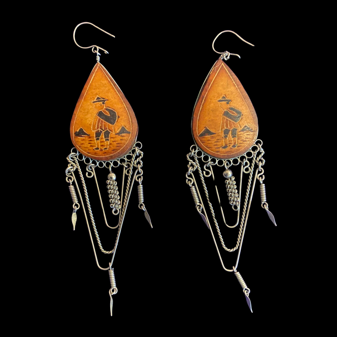 Vintage Wood & Metal Traveler Drop Earrings