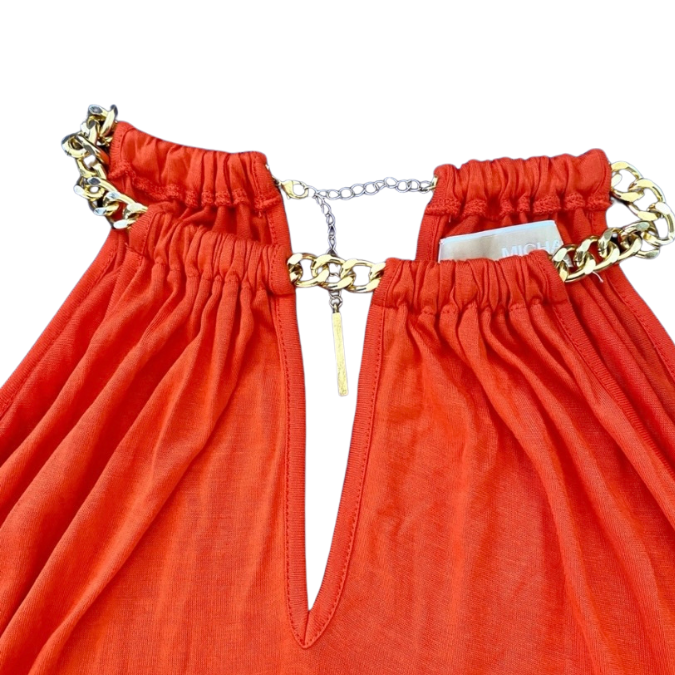 Bright Orange Halter Top w/ Attached Gold Chain Necklace (L)