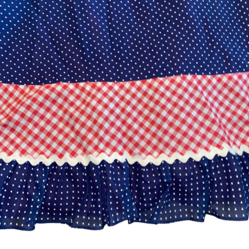 1960’s/70’s Navy Blue/White/Red Polka Dot & Gingham Trim Maxi Dress & Matching Shawl (S)