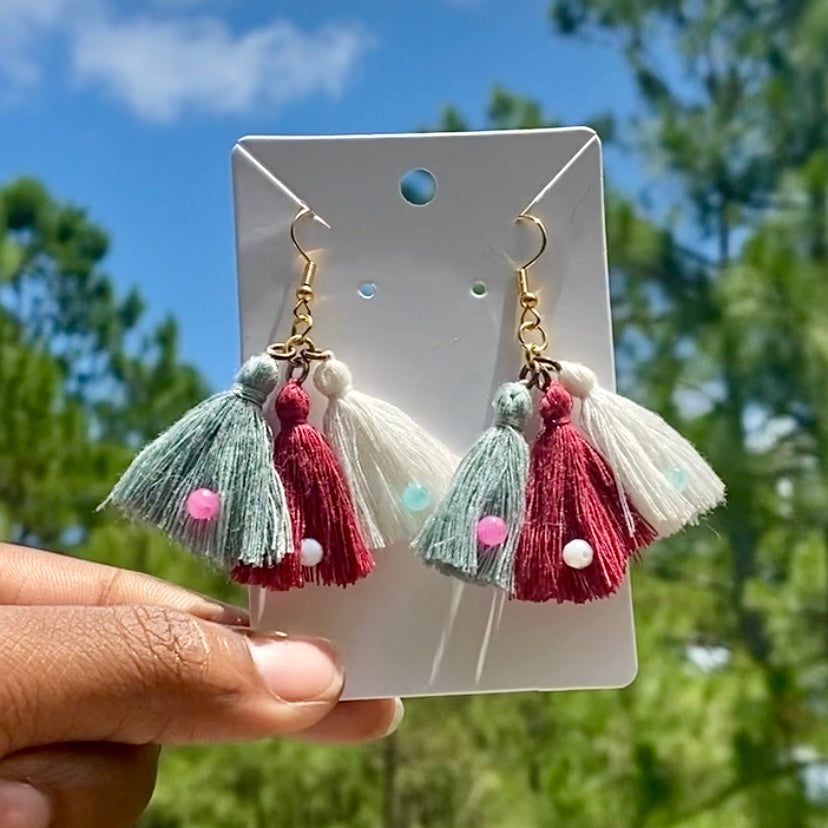 Upcycled Cotton Tassel Earrings • Trans Pride Colorway!
