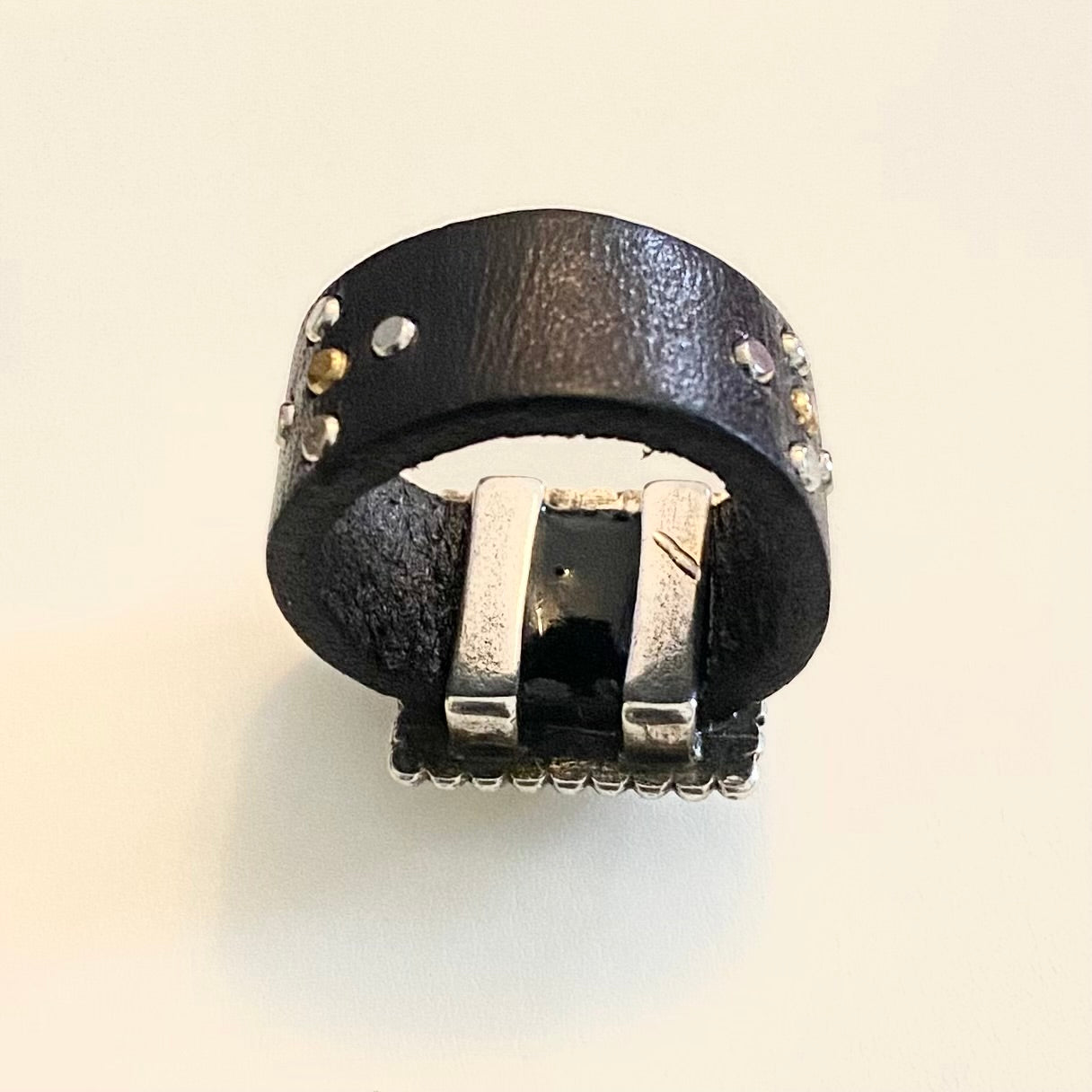 80's Mother of Pearl Square Signet Ring with Studded Leather Band (4.5)