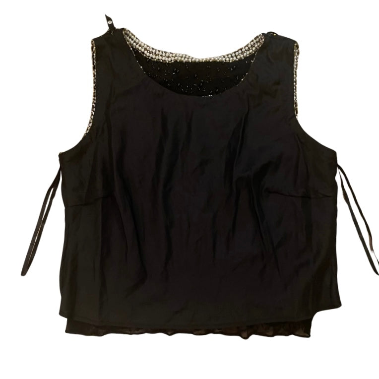 🔔 Vintage Women’s Black, Pearl & Bead-Embroidered Black Silk Sleeveless Top (14P)