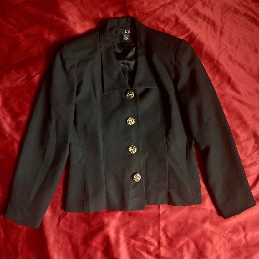 Vintage 1980’s Black Blazer With Gold Rose Buttons ( Size 10)