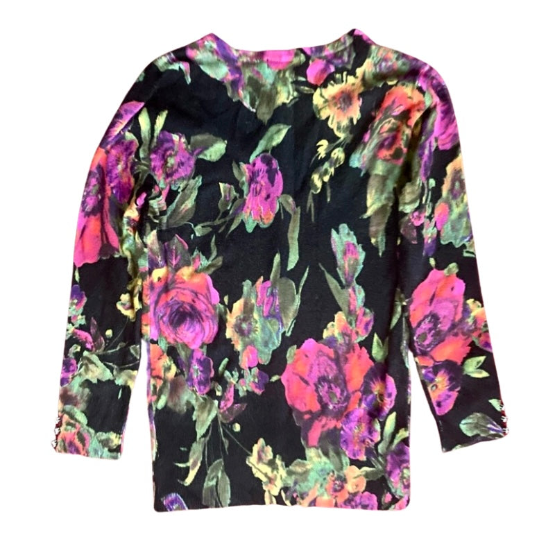 Black & Bright Floral Jungle Cardigan w/ Faux Black Diamond Buttons (S)