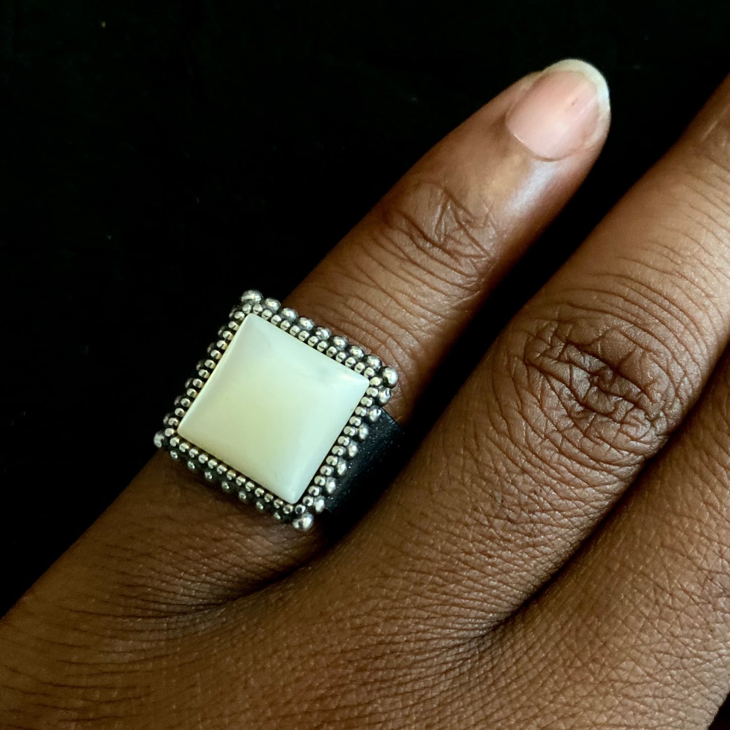 80's Mother of Pearl Square Signet Ring with Studded Leather Band (4.5)