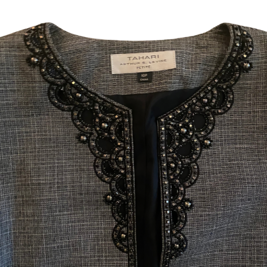 Black Beaded Grey Tweed Jacket & Sleeveless Top Set (10P)