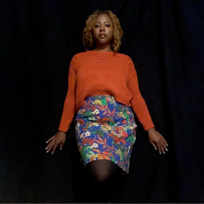 Cobalt Blue Tropical Print Pencil Skirt (12)