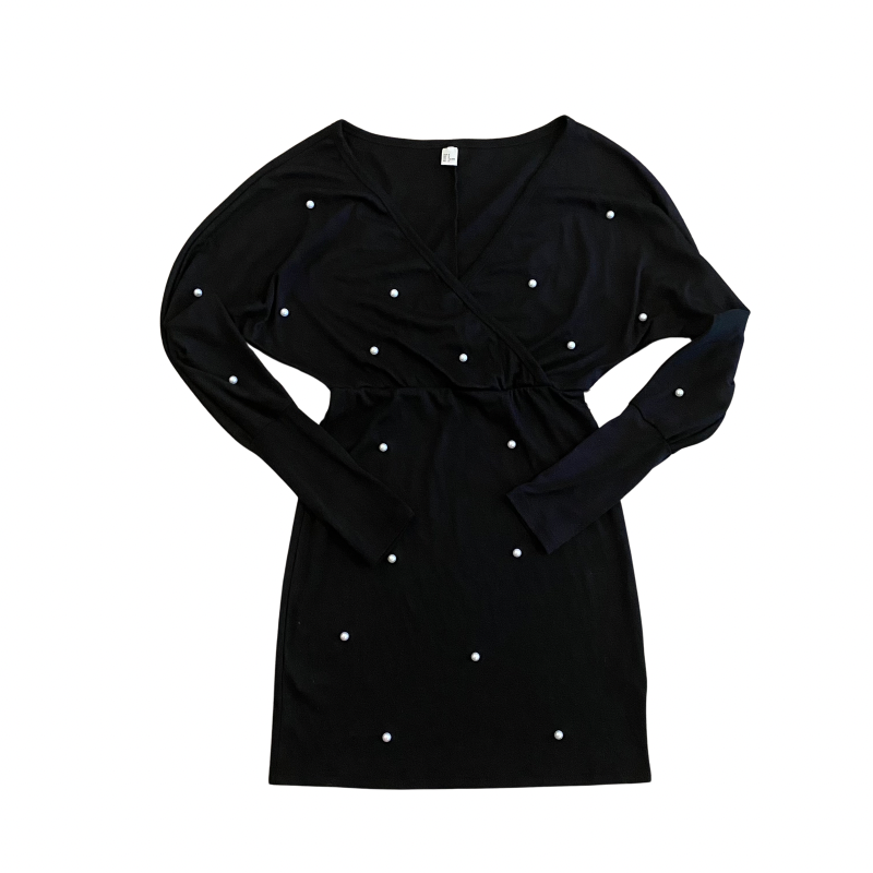 š V-Neck Black Pearl Embellished Dress (S)