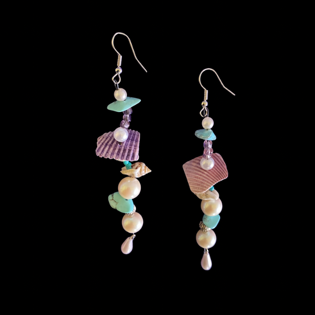 Alana | Purple/ Multi Shell Mock Pearl Beaded Wavy Dangle Earrings