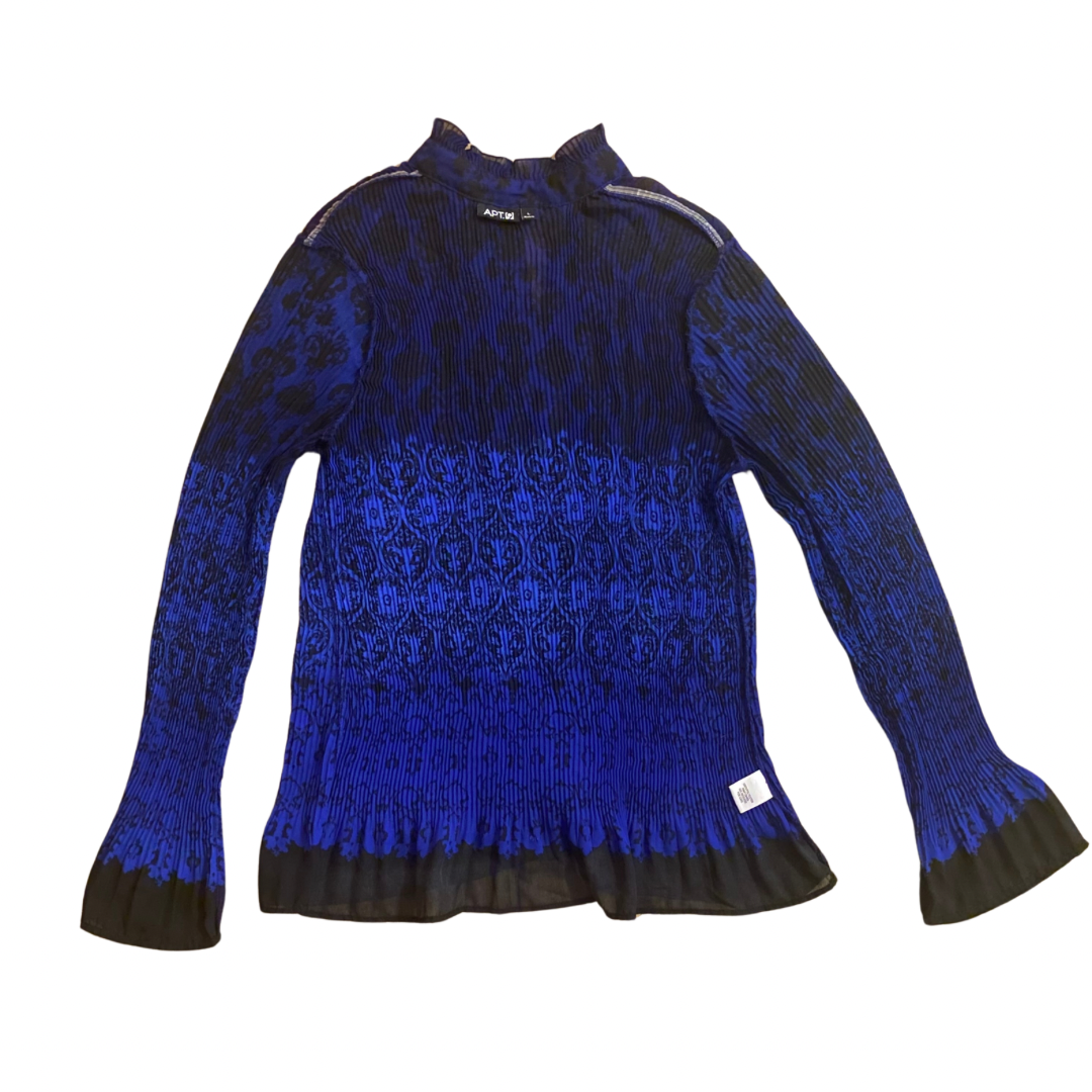 Sheer Ombré Royal Blue & Black Floral Damask Print Ruffled Bell Sleeve Button-Down Blouse (L)