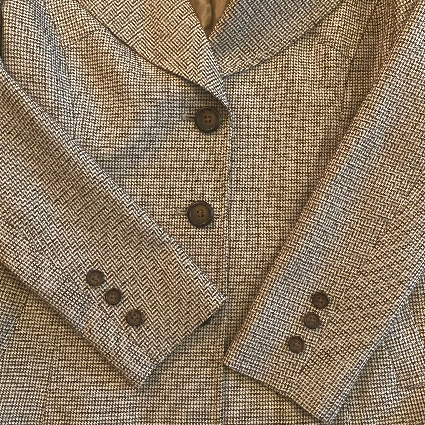 Vintage Green/Brown/White Houndstooth Print Button Down Skirt Suit (Small/Medium)