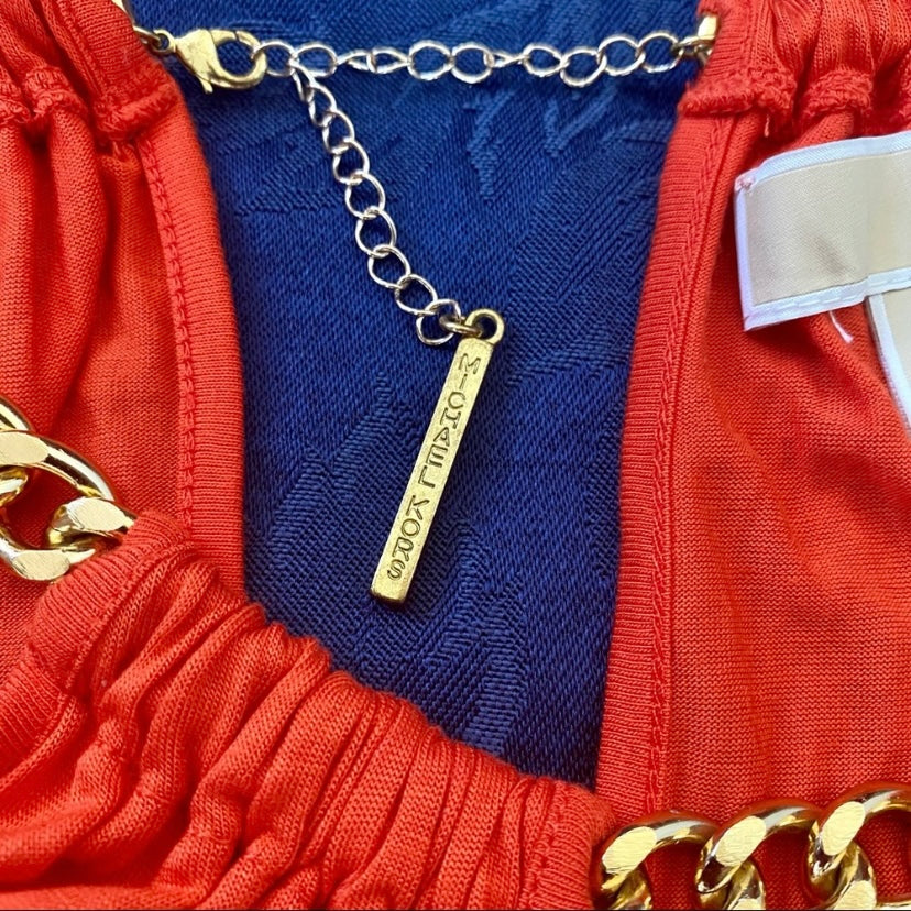 Bright Orange Halter Top w/ Attached Gold Chain Necklace (L)