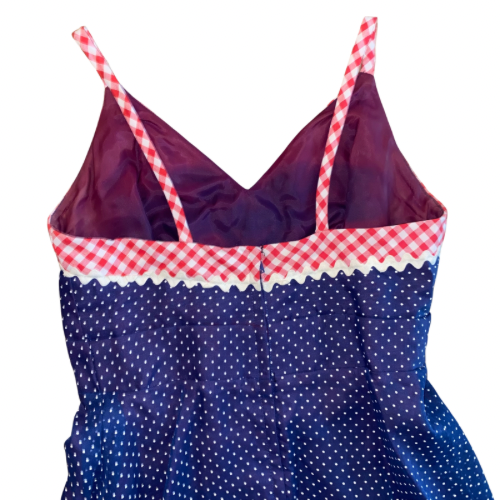 1960’s/70’s Navy Blue/White/Red Polka Dot & Gingham Trim Maxi Dress & Matching Shawl (S)