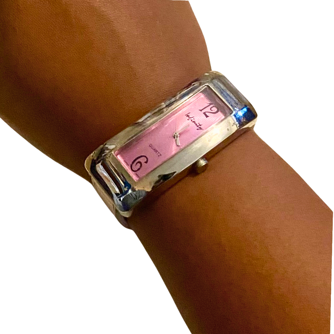 Y2K Metallic Pink Pleather & Silver Watch