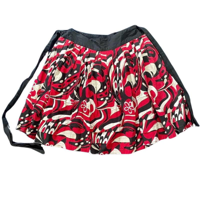 🔔 100% Cotton Red/ Black/White Retro Groovy Floral Circle Midi Skirt w/ Sash (L)
