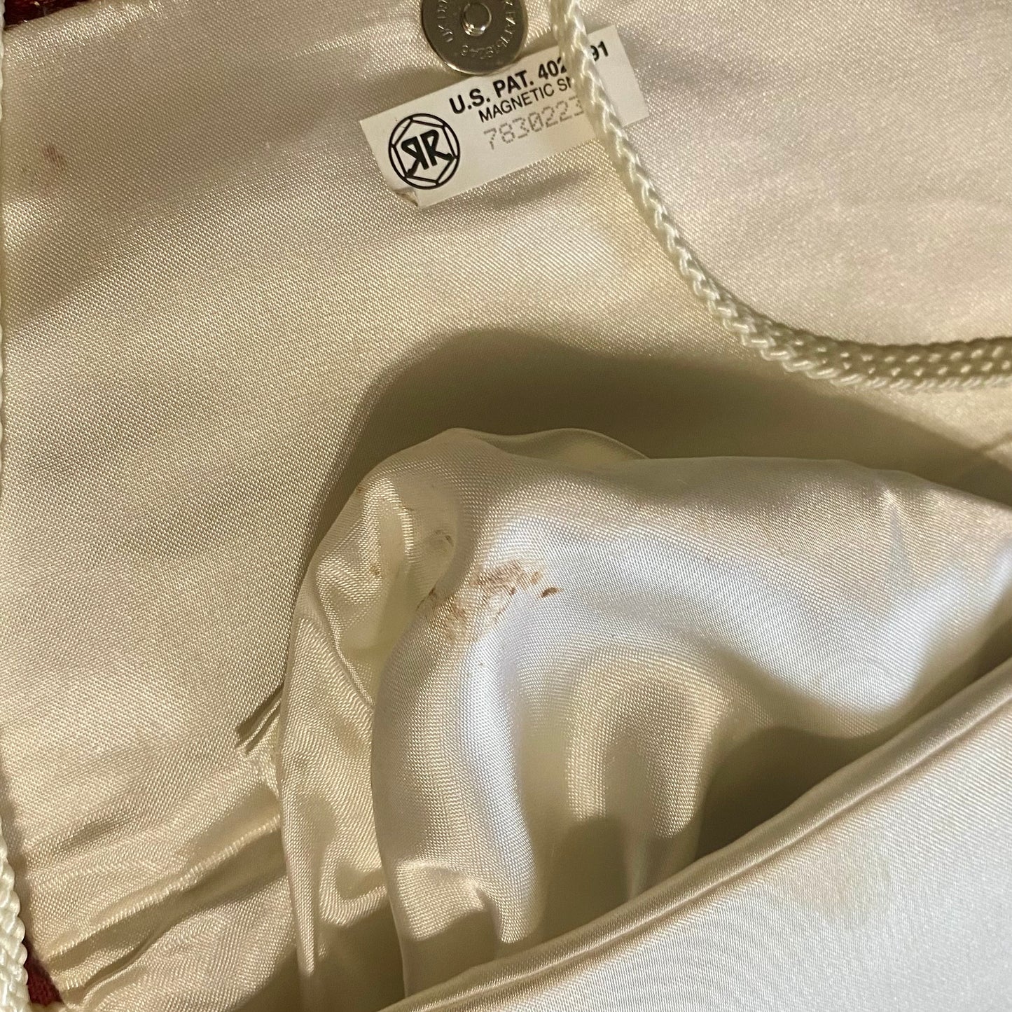 Vintage 60’s/70’s Silver Beaded Ivory Satin Evening Bag with Woven Cotton Shoulder Strap