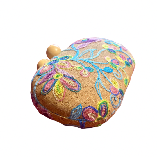 Floral Embroidered Cork Oval Clutch/ Crossbody Bag with Removable Gold Chain Strap