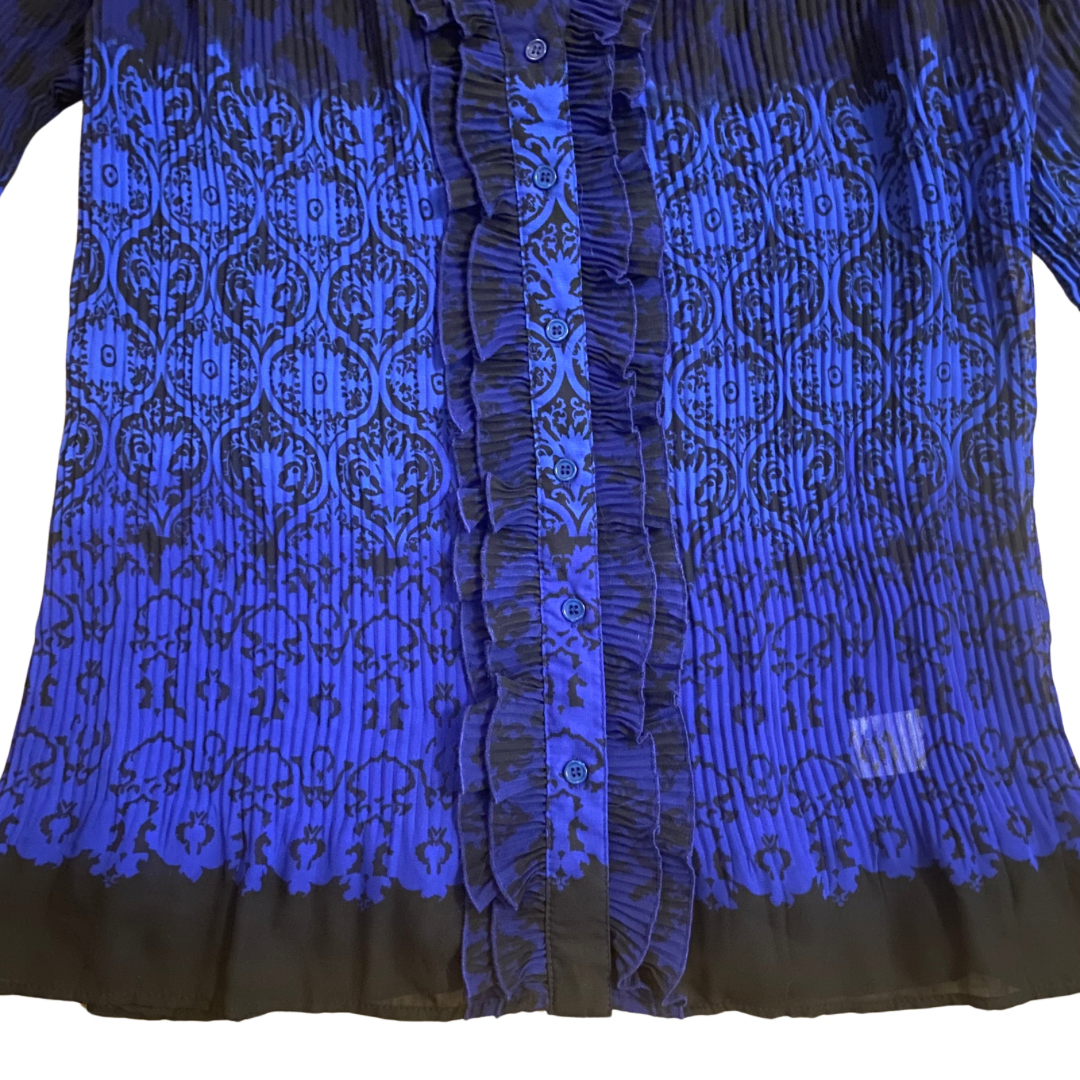 Sheer Ombré Royal Blue & Black Floral Damask Print Ruffled Bell Sleeve Button-Down Blouse (L)