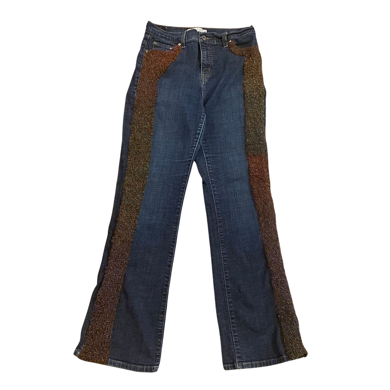 70’s Inspired Upcycled Secondhand Levi Bootcut 512 Jeans with Handknit Accents (10 M)