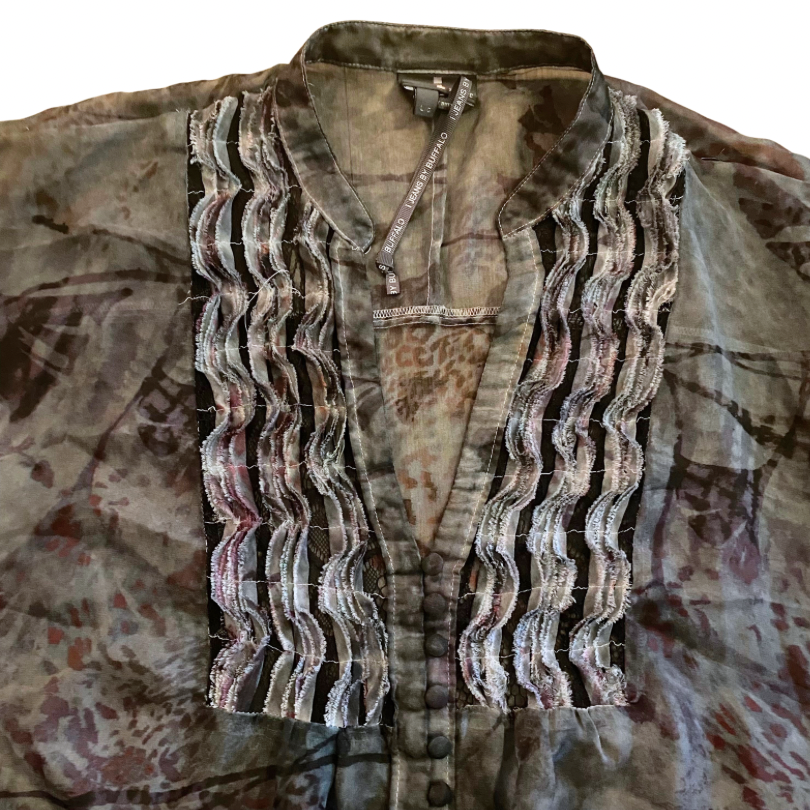 Sheer Grey/Purple Abstract Print Blouse (L)