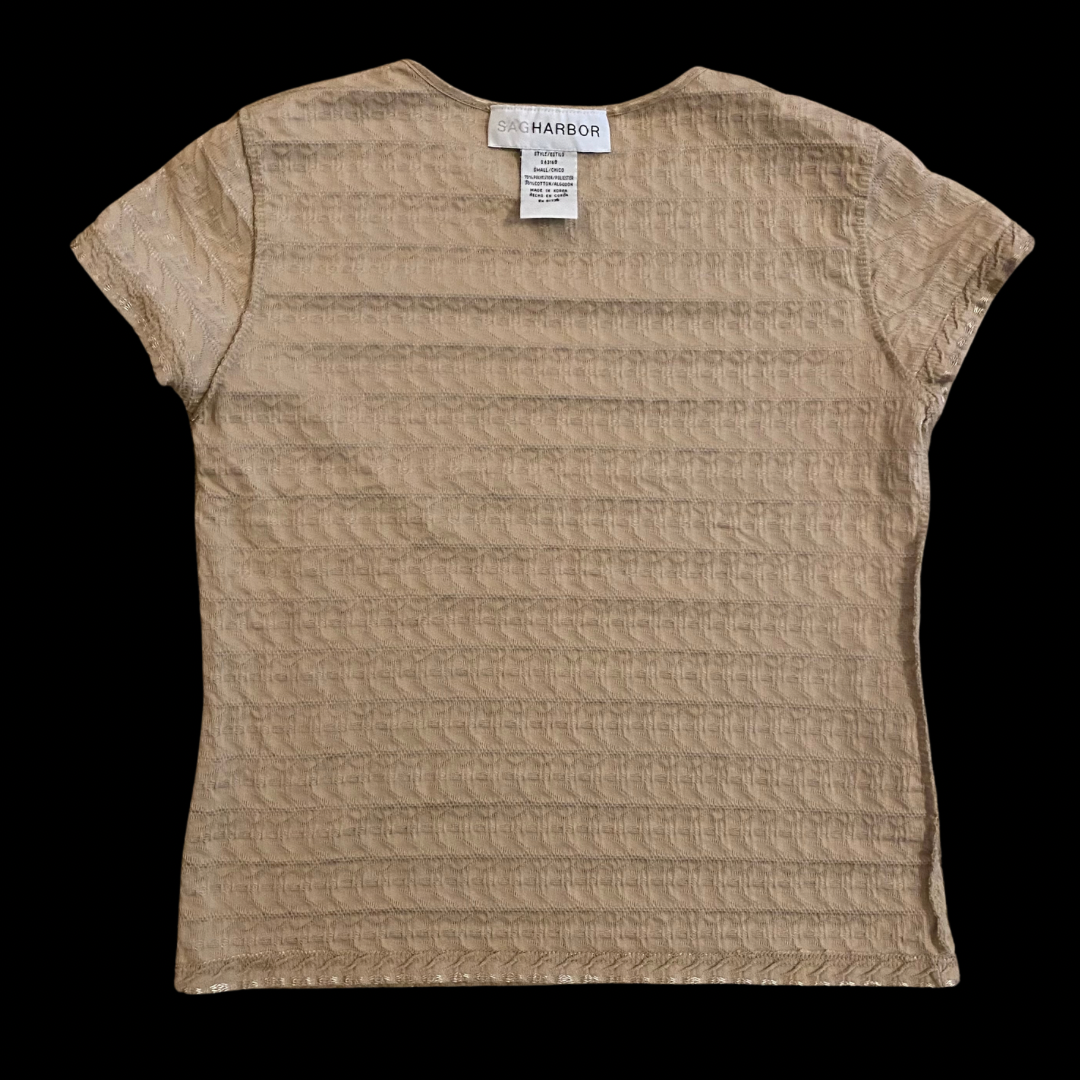 Vintage Sand and Champagne Ribbed Embroidered Short Sleeve Shirt (S)
