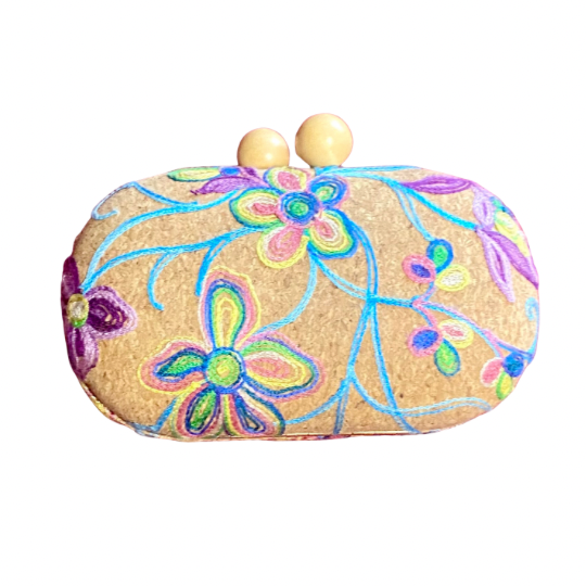 Floral Embroidered Cork Oval Clutch/ Crossbody Bag with Removable Gold Chain Strap