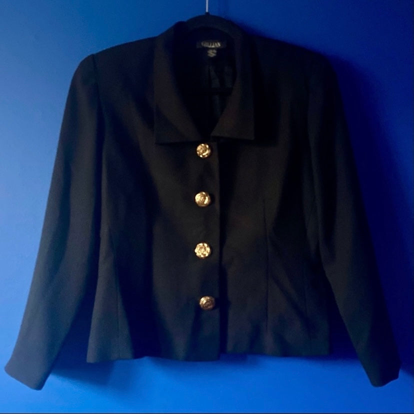 Vintage 1980’s Black Blazer With Gold Rose Buttons ( Size 10)
