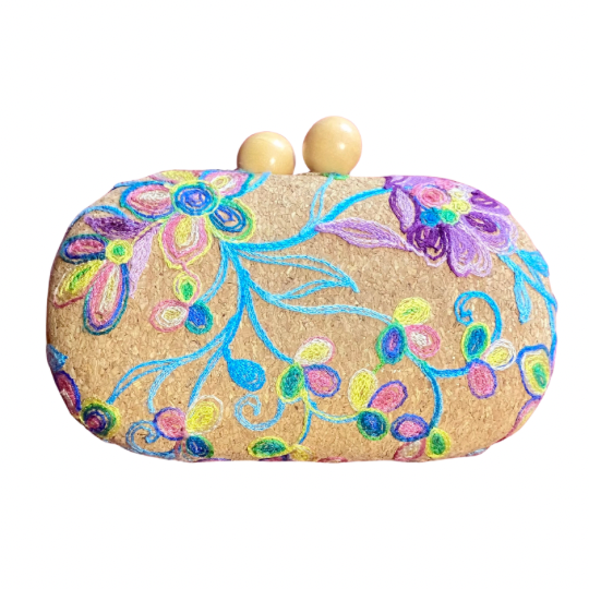 Floral Embroidered Cork Oval Clutch/ Crossbody Bag with Removable Gold Chain Strap