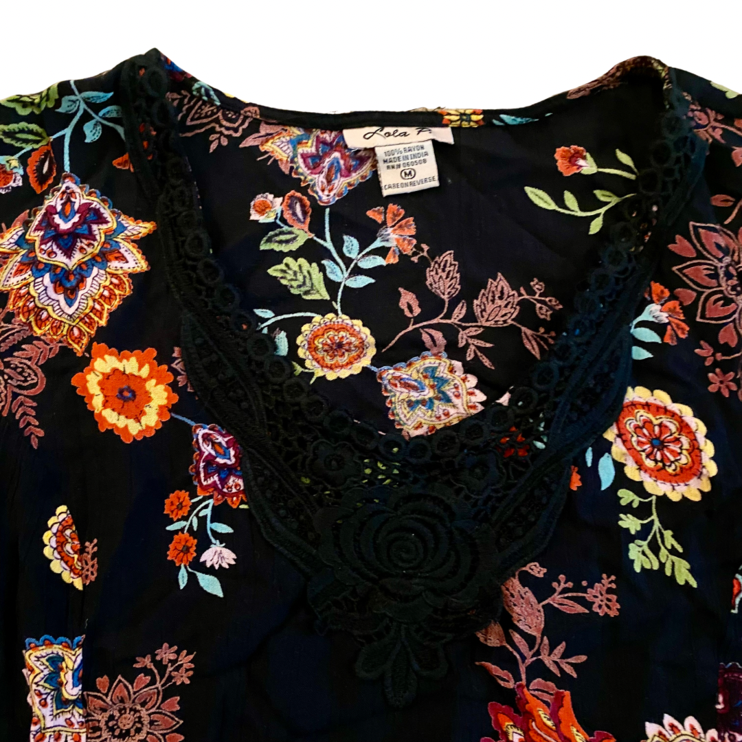 Vintage Black Floral Bell Sleeve Top (M)