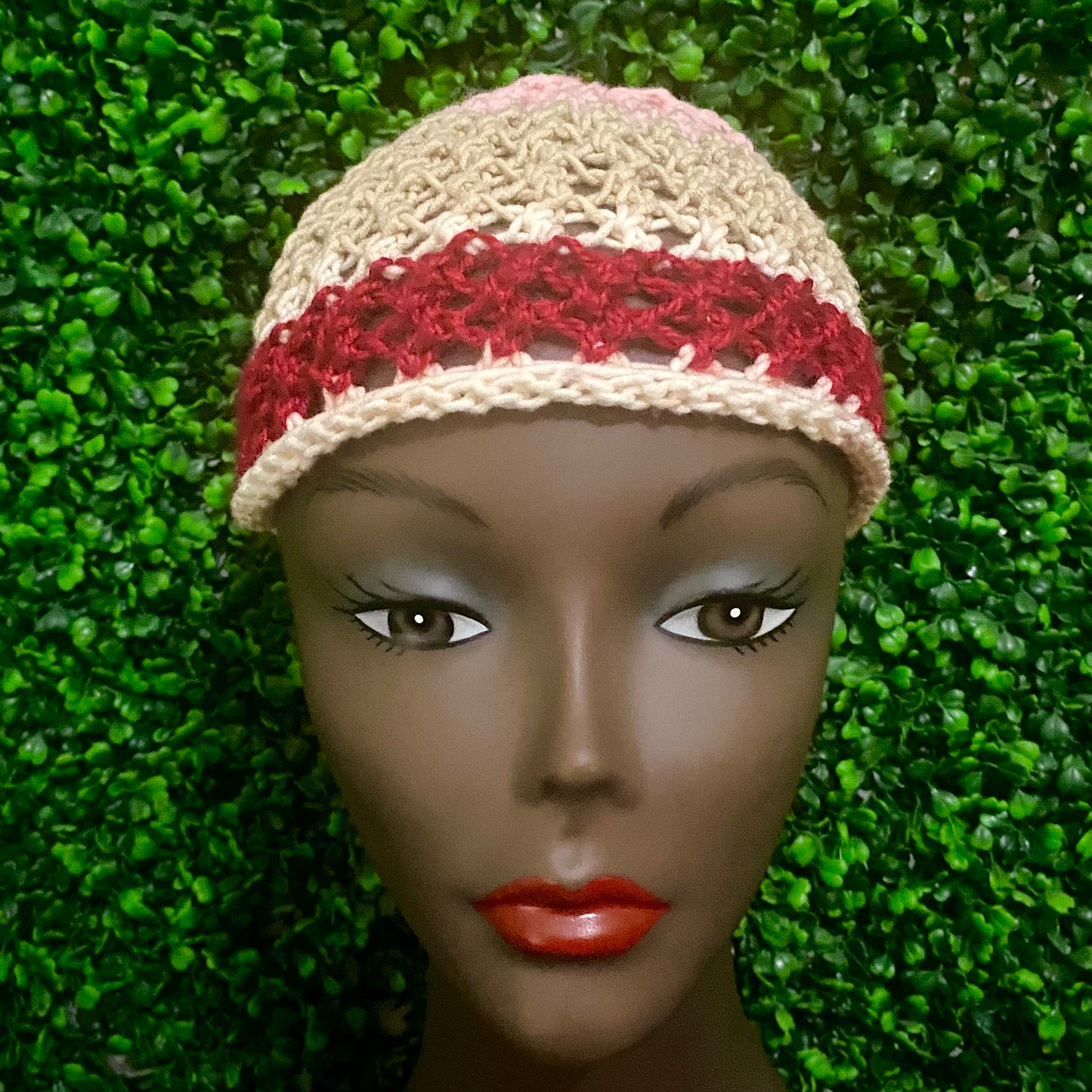 Pink/Tan/Red/Cream Colorblock Retro Style Knit Mesh Skull Cap (S/M)