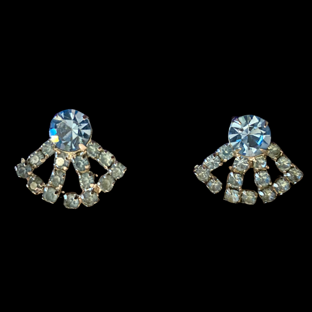 Vintage Silver & Blue Rhinestone Studded Fan Earrings